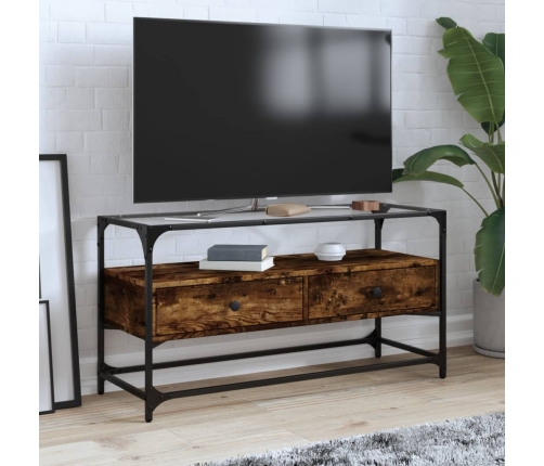 Mueble TV cristal y madera ingeniería roble ahumado 98x35x51 cm