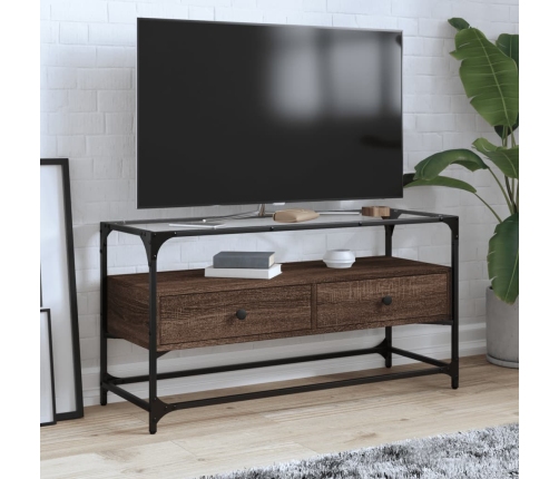 Mueble TV cristal y madera ingeniería marrón roble 98x35x51 cm