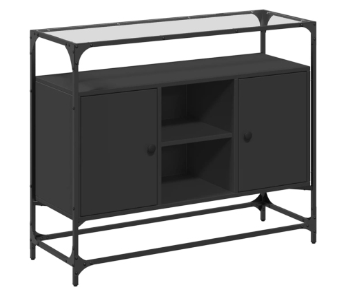 Aparador tapa de cristal y madera ingeniería negro 98x35x81 cm