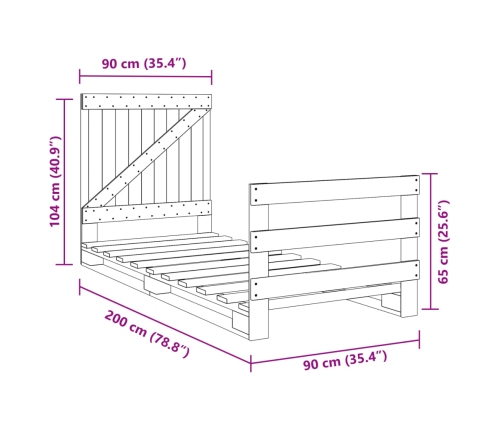 Estructura de cama con cabecero madera maciza de pino 90x200 cm