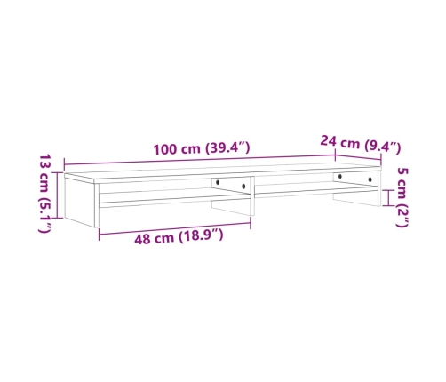 Soporte de monitor madera maciza pino marrón cera 100x24x13 cm