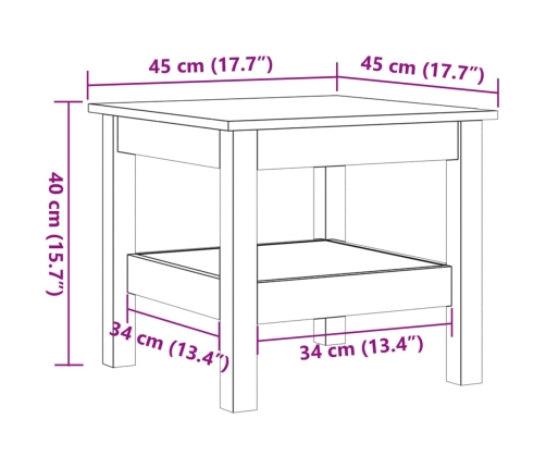 Mesa de centro madera maciza de pino marrón cera 45x45x40 cm