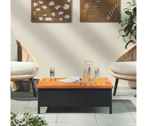 Mesa de jardín ratán y madera de acacia negro 70x70x25 cm