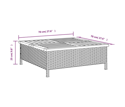 vidaXL Mesa de jardín ratán y madera de acacia gris 70x70x25 cm