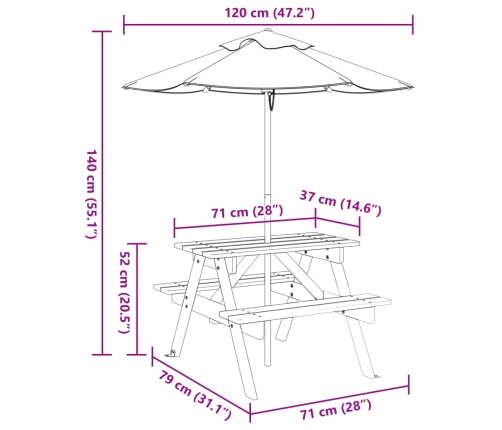 Mesa de picnic para 4 niños agujero para sombrilla madera abeto