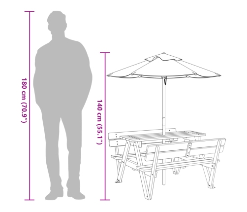 Mesa de picnic para 4 niños agujero para sombrilla madera abeto