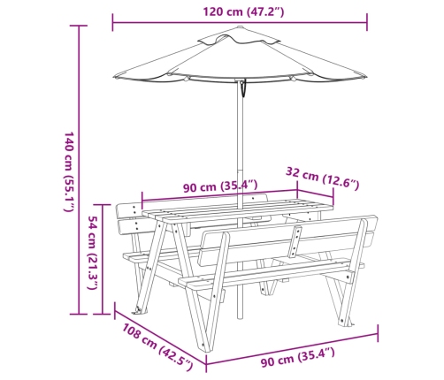 Mesa de picnic para 4 niños agujero para sombrilla madera abeto