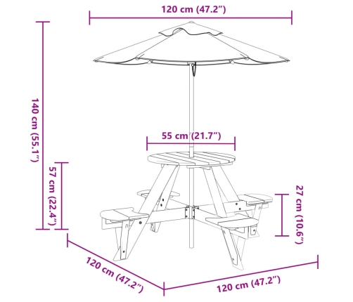 Mesa de picnic para 4 niños agujero para sombrilla madera abeto