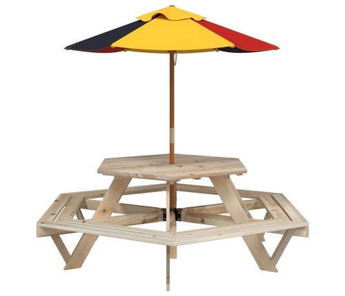 Mesa de picnic hexagonal 6 niños agujero sombrilla madera abeto