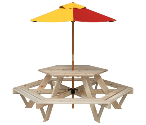 Mesa de picnic hexagonal 6 niños agujero sombrilla madera abeto