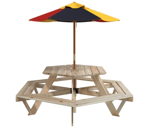 Mesa de picnic hexagonal 6 niños agujero sombrilla madera abeto