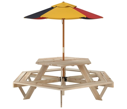 Mesa de picnic hexagonal 6 niños agujero sombrilla madera abeto