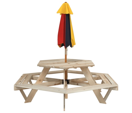 Mesa de picnic hexagonal 6 niños agujero sombrilla madera abeto