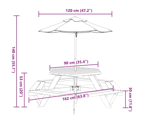 Mesa de picnic hexagonal 6 niños agujero sombrilla madera abeto