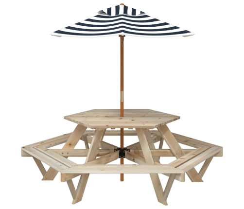 Mesa de picnic hexagonal 6 niños agujero sombrilla madera abeto