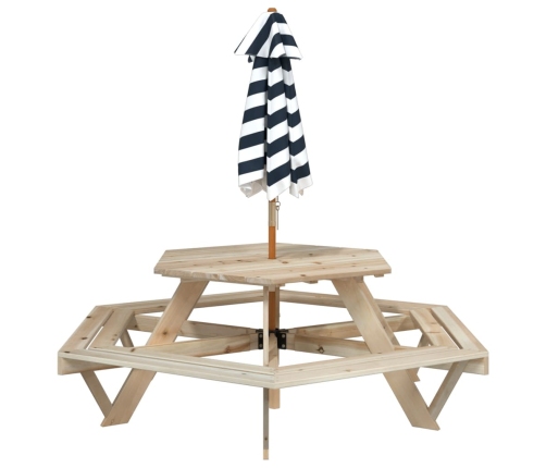 Mesa de picnic hexagonal 6 niños agujero sombrilla madera abeto