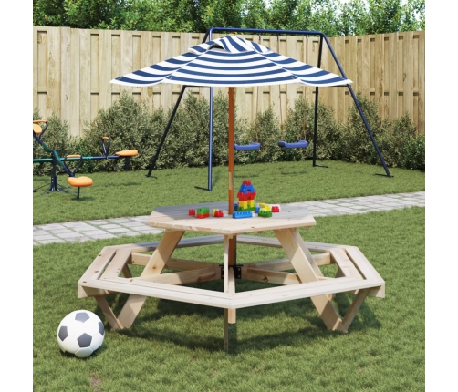 Mesa de picnic hexagonal 6 niños agujero sombrilla madera abeto