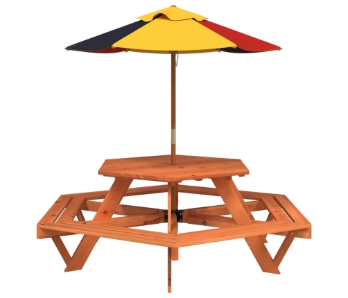 Mesa de picnic hexagonal 6 niños agujero sombrilla madera abeto