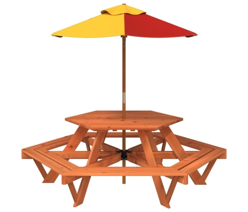 Mesa de picnic hexagonal 6 niños agujero sombrilla madera abeto