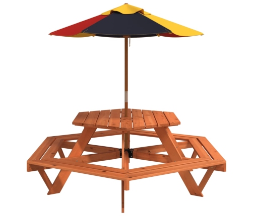 Mesa de picnic hexagonal 6 niños agujero sombrilla madera abeto