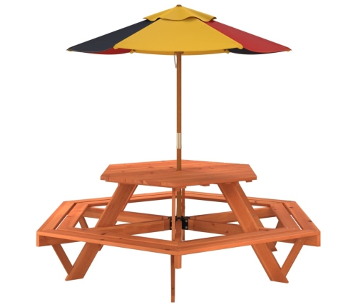 Mesa de picnic hexagonal 6 niños agujero sombrilla madera abeto