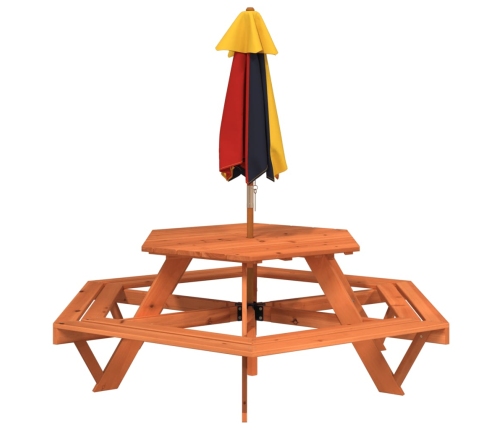 Mesa de picnic hexagonal 6 niños agujero sombrilla madera abeto