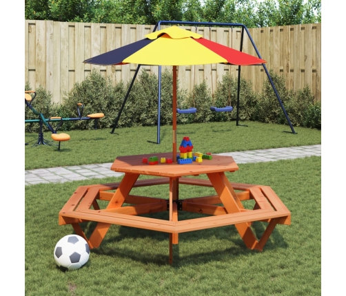 Mesa de picnic hexagonal 6 niños agujero sombrilla madera abeto