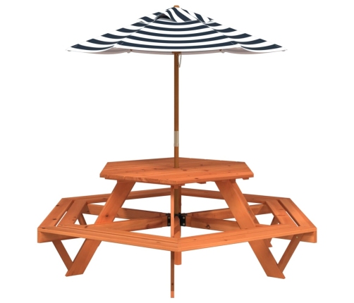 Mesa de picnic hexagonal 6 niños agujero sombrilla madera abeto