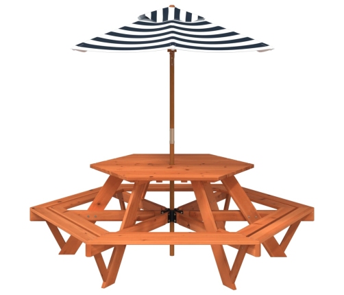 Mesa de picnic hexagonal 6 niños agujero sombrilla madera abeto