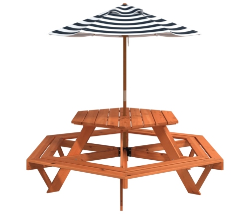 Mesa de picnic hexagonal 6 niños agujero sombrilla madera abeto