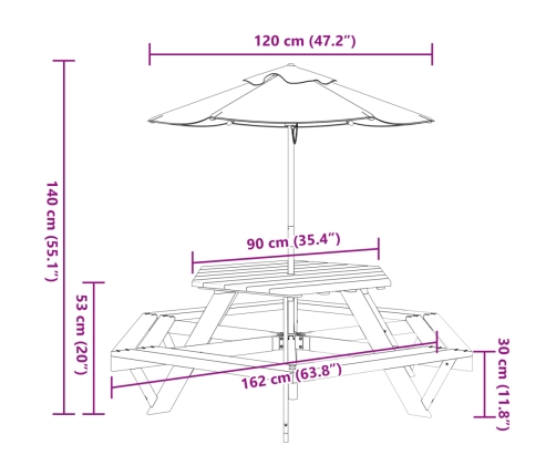 Mesa de picnic hexagonal 6 niños agujero sombrilla madera abeto