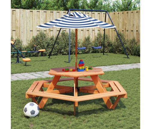 Mesa de picnic hexagonal 6 niños agujero sombrilla madera abeto