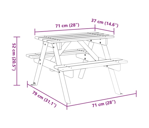 Mesa de picnic para 4 niños agujero para sombrilla madera abeto