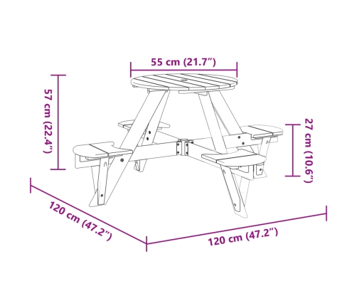 Mesa de picnic para 4 niños agujero para sombrilla madera abeto