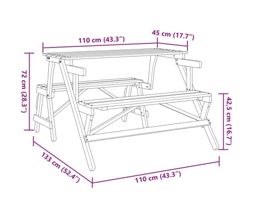 Mesa de picnic bancos 2 en 1 convertible madera maciza abeto