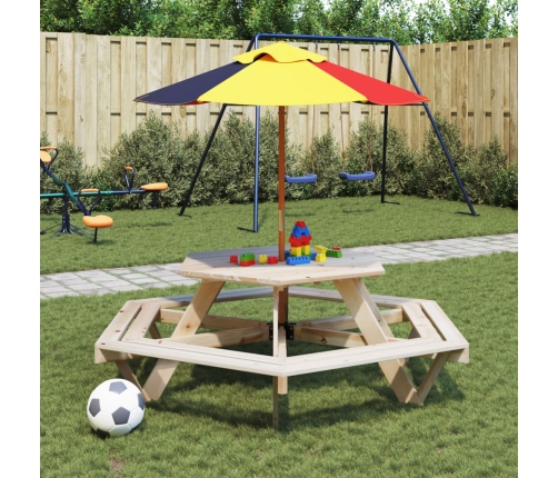 Mesa de picnic hexagonal 6 niños agujero sombrilla madera abeto