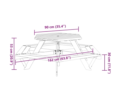 Mesa de picnic hexagonal 6 niños agujero sombrilla madera abeto