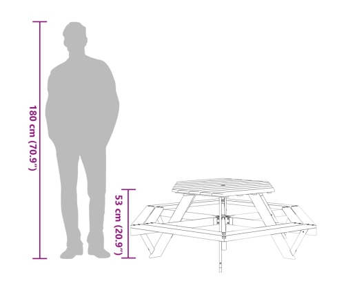 Mesa de picnic hexagonal 6 niños agujero sombrilla madera abeto
