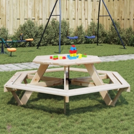 Mesa de picnic hexagonal 6 niños agujero sombrilla madera abeto