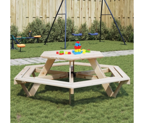 Mesa de picnic hexagonal 6 niños agujero sombrilla madera abeto