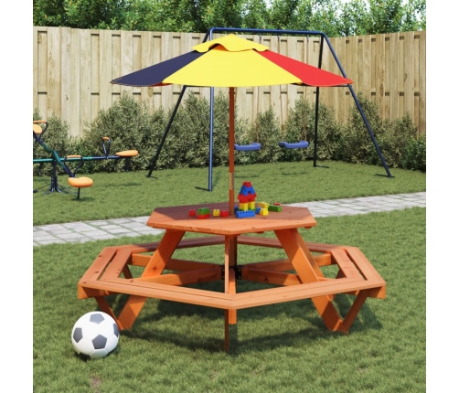 Mesa de picnic hexagonal 6 niños agujero sombrilla madera abeto