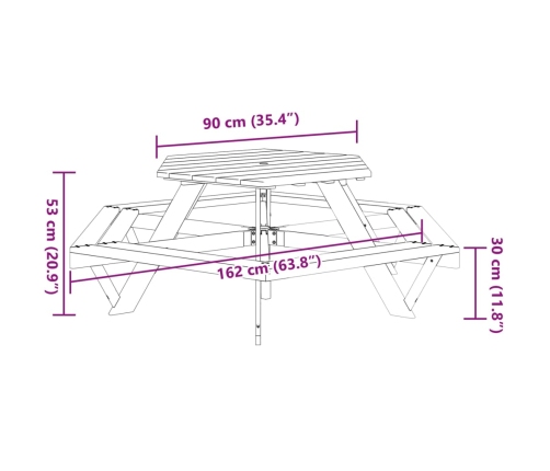 Mesa de picnic hexagonal 6 niños agujero sombrilla madera abeto