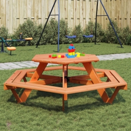 Mesa de picnic hexagonal 6 niños agujero sombrilla madera abeto