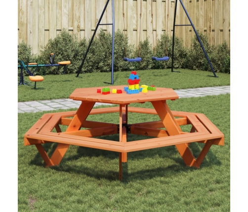 Mesa de picnic hexagonal 6 niños agujero sombrilla madera abeto