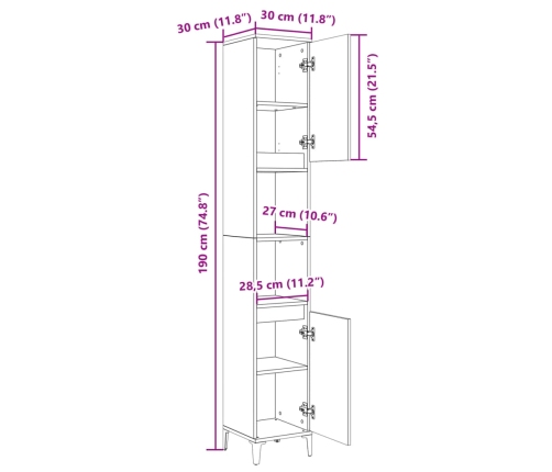 Armario de baño madera contrachapada roble Sonoma 30x30x190 cm