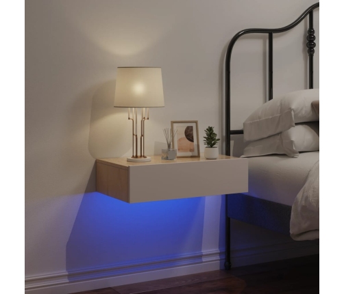 Mesita de noche de pared con LED blanco y roble sonoma