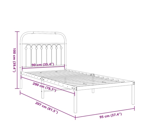 Estructura cama sin colchón con cabecero metal negro 90x200 cm