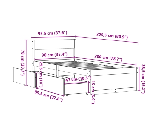 Estructura de cama sin colchón madera de pino marrón 90x200 cm