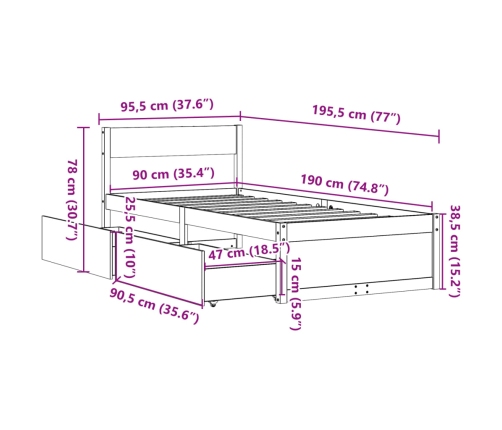 Estructura de cama sin colchón madera maciza de pino 90x190 cm