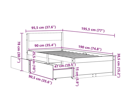 Estructura de cama sin colchón madera maciza marrón 90x190 cm